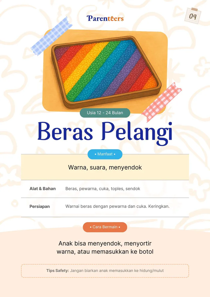 Contoh halaman aktivitas Beras Pelangi dari panduan Parenteers