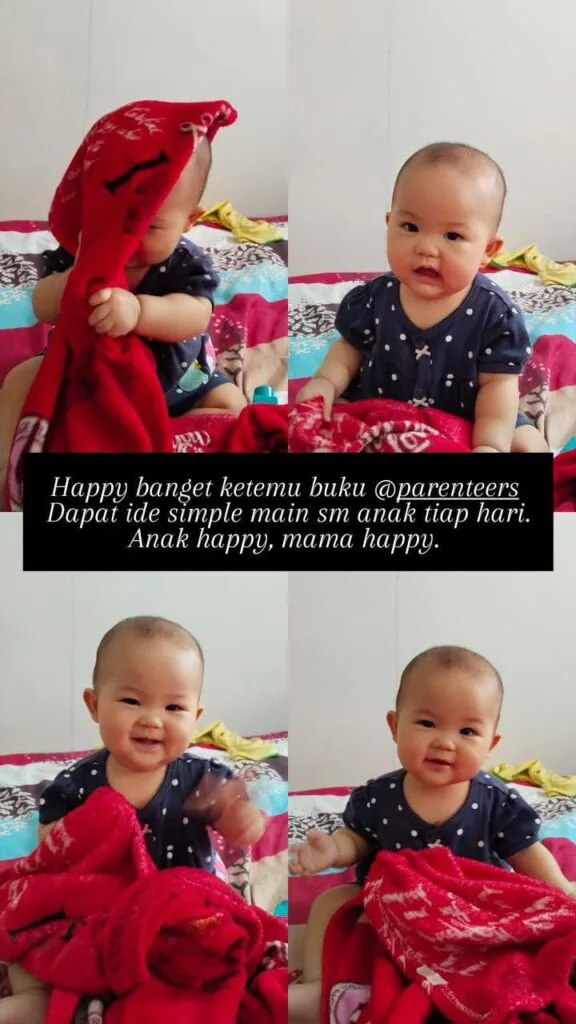 Kolase foto anak Mom Audrey bermain dengan kain di rumah